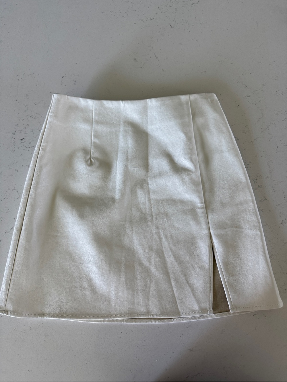 White Faux-Leather Mini Skirt with Front Slit Detail